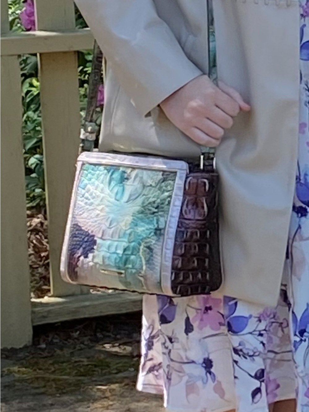 Brahmin Iridescent Teal Quilted Shoulder Bag with Brown Croc Sides